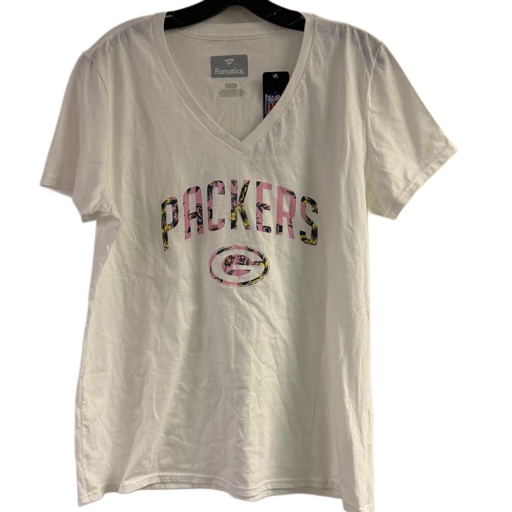 NWT Ladies Fanatics Green Bay Packers Pink Floral Logo V-Neck T-Shirt Size XL